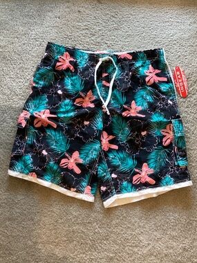 Black Swim Shorts with Teal and Coral Floral Print